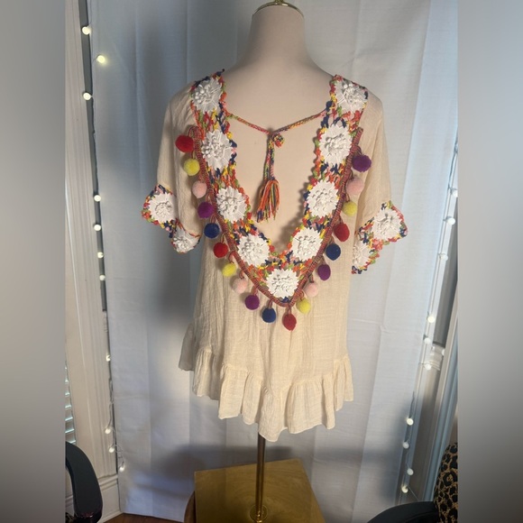 Funky Embroidered Cream Tunic with Colorful Trim M/L - Picture 1 of 6